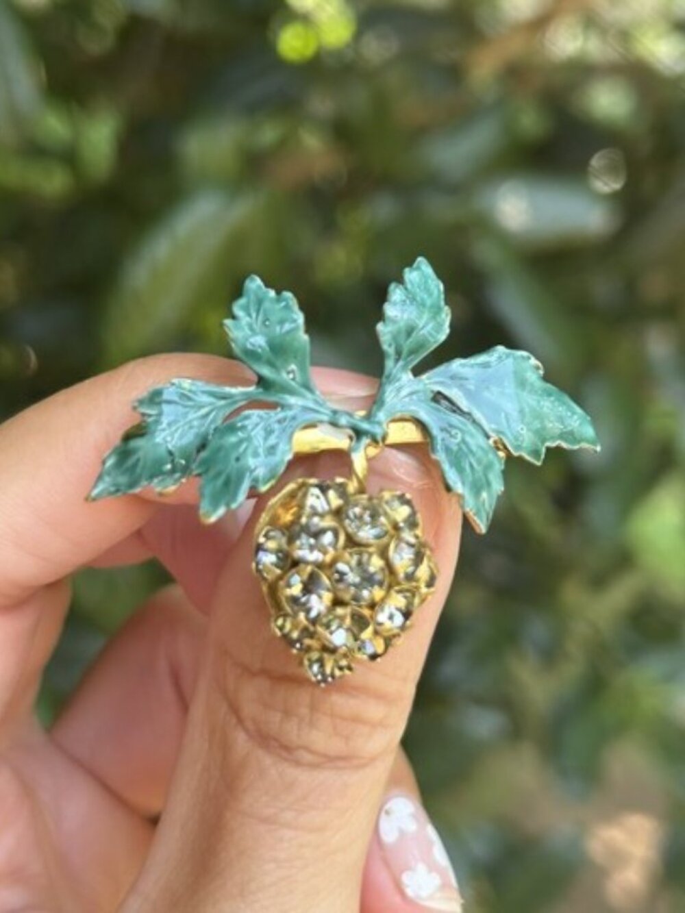 SANDOR Gold Rhinestone Berry Green Enamel Leaf BROOCH